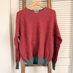 Hutzlers Mens 100% Super Lambswool Sweater Red Gray Crewneck Made Scotland
